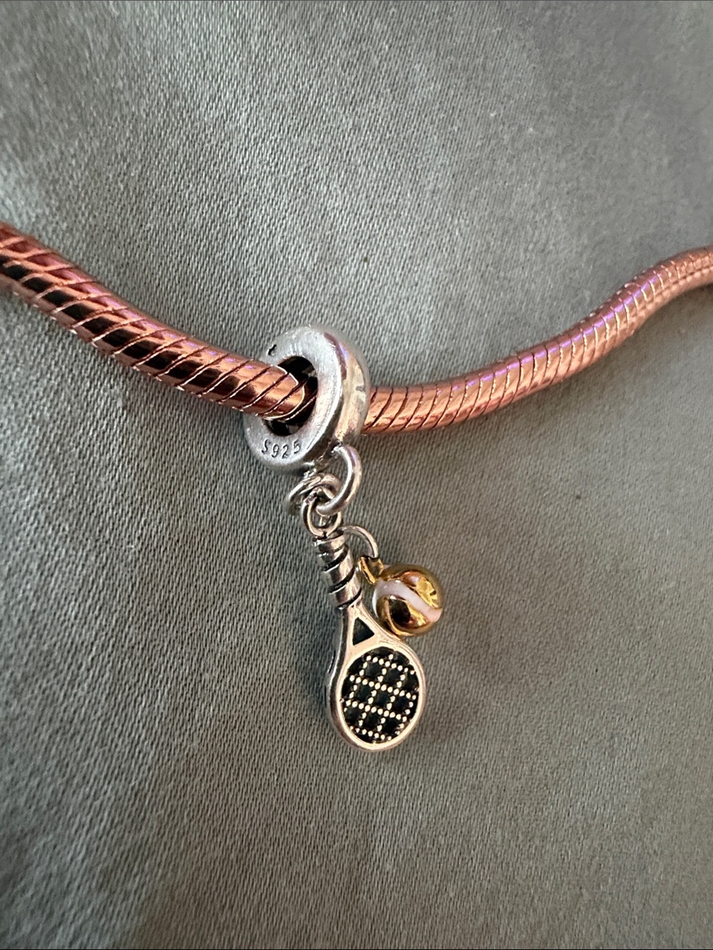 Silver & Gold Tennis Racket & Ball Dangle Charm - Picture 3 of 4